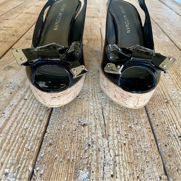 Stuart Weitzman Bodajean Black Patent Cork Wedge Sandals Size 7.5 - Picture 9 of 12